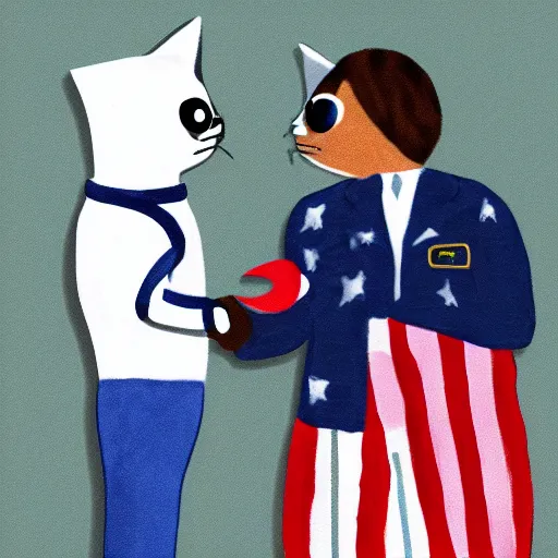 Image similar to cat astronaut shakes the hands with president