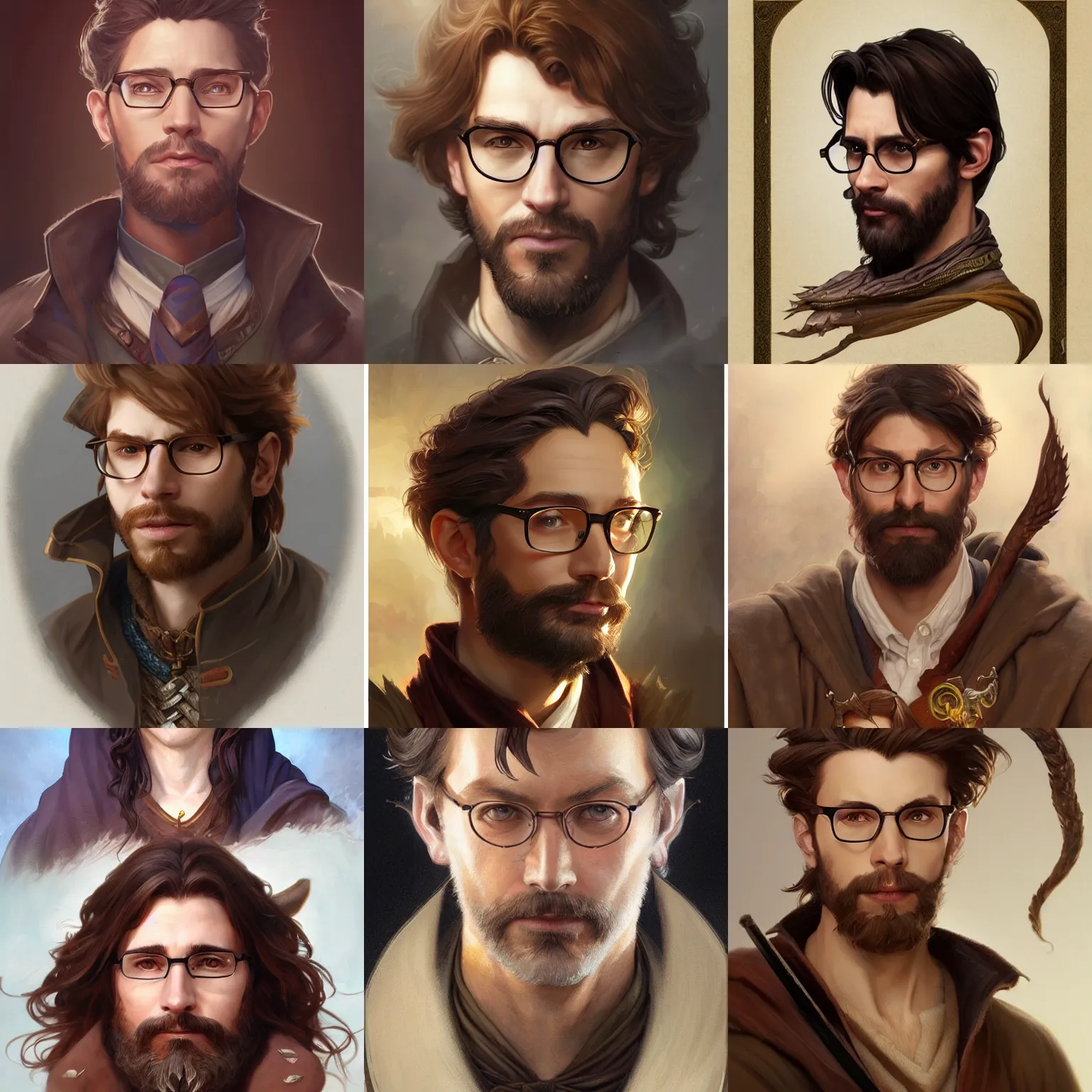 Prompt: male wizard, brown hair, glasses, D&D, painted fantasy character portrait, highly detailed, digital painting, artstation, concept art, sharp focus, illustration, art by artgerm and greg rutkowski and alphonse mucha