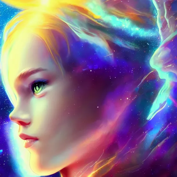 Prompt: highly detailed close up portrait of a celestial girl with a body made of cosmic energy, space background, character art, studio lightning, bright colors, intricate, masterpiece, photorealistic, hiperrealistic, sharp focus, high contrast, Artstation HQ, DeviantArt trending, 4k UHD, Unreal Engine 5