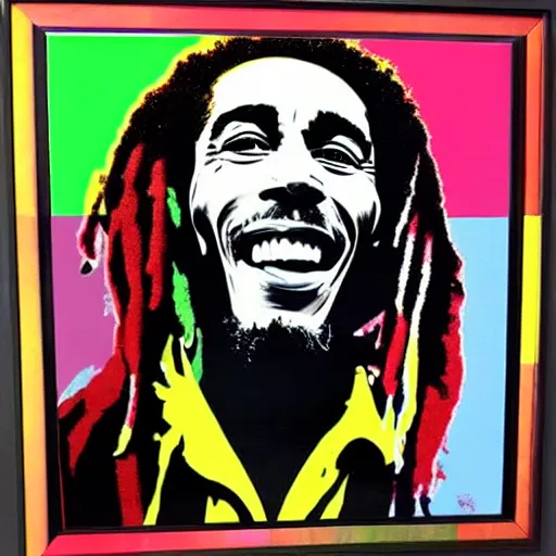 Image similar to Pop-art portrait of Bob Marley in style of Andy Warhol, photorealism