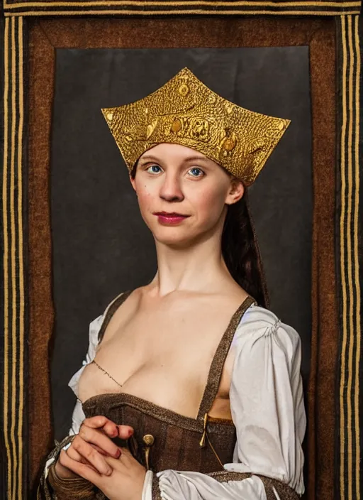 Image similar to portrait of young woman in medieval dress and medieval headdress, style by the fifth element