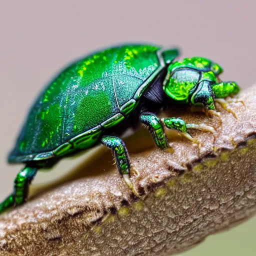 Image similar to hybrid of green beetle and turtle, photorealistic, close - up