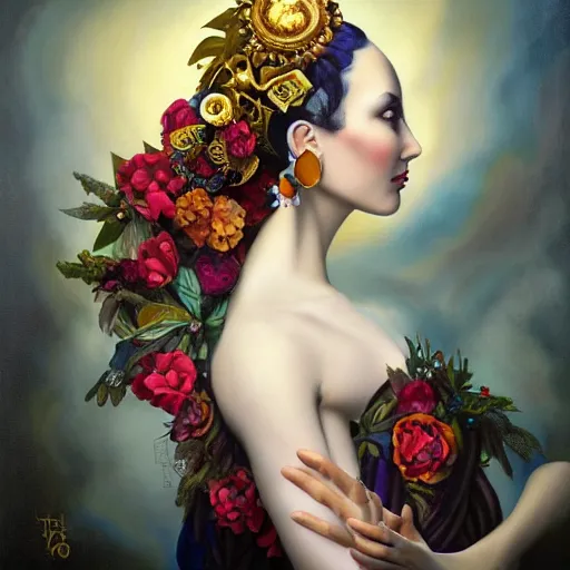 Image similar to dynamic composition, a painting of a woman with hair of flowers and raven plummage wearing ornate earrings, a surrealist painting by tom bagshaw and jacek yerga and tamara de lempicka and jesse king, featured on cgsociety, pop surrealism, surrealist, dramatic lighting, wiccan, pre - raphaelite, ornate gilded details