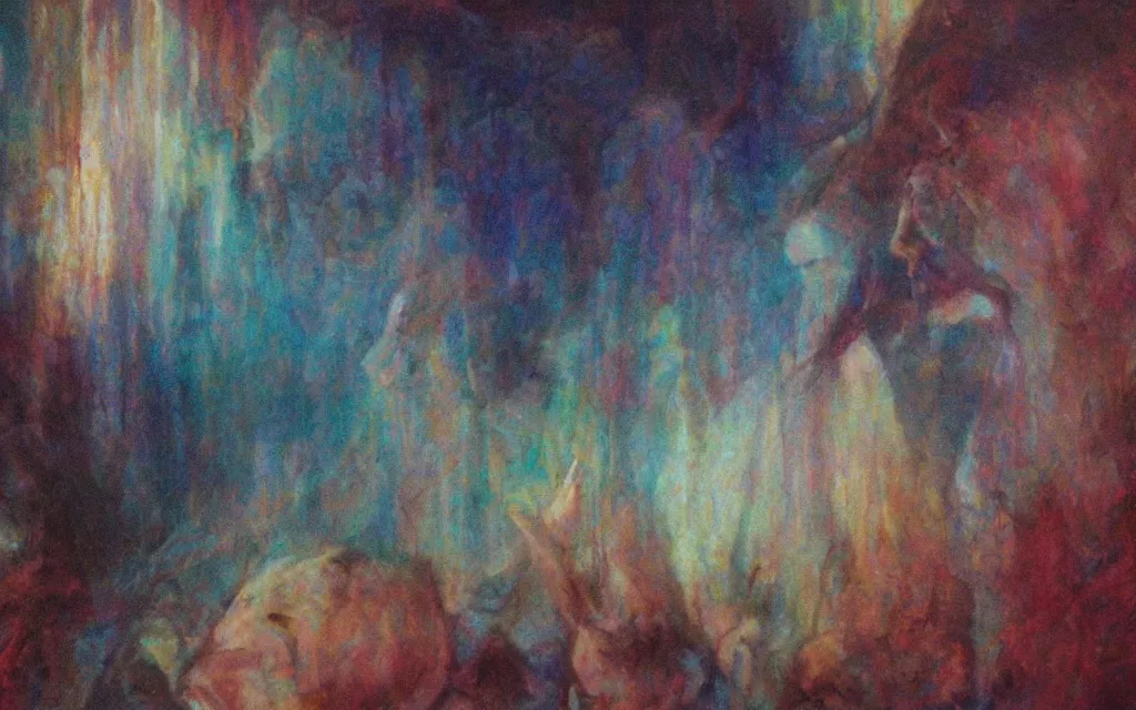 Image similar to movie still from the haxan, award winning oil painting, chromatic iridescence