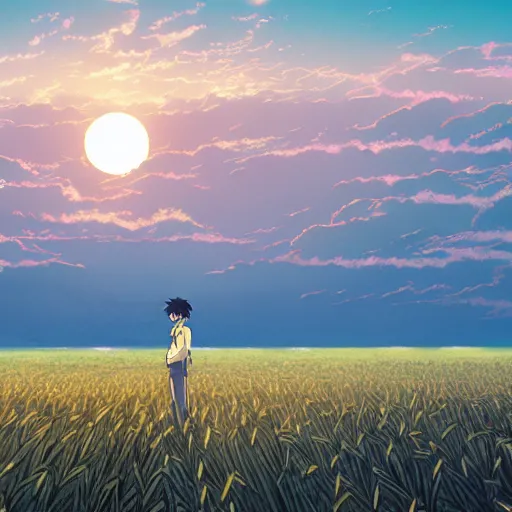 Prompt: anime, sharp focus, breath taking beautiful, Aesthetically pleasing, field of grain at golden hour, digital concept art by Hayao Miyazaki and Akira Toriyama and Makoto Shinkai and Studio Ghibli, fine art, official media, high definition, illustration, ambient lighting, HDR, HD, 8K, award winning, trending, featured, masterful, dynamic, energetic, lively, elegant, intricate, complex, highly detailed, Richly textured, Rich vivid Color, masterpiece.