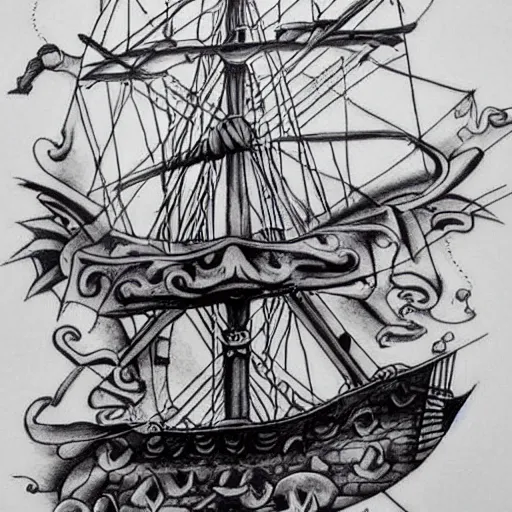 Awesome Black And White Pirate Ship Tattoo Design By Evergreen Academy