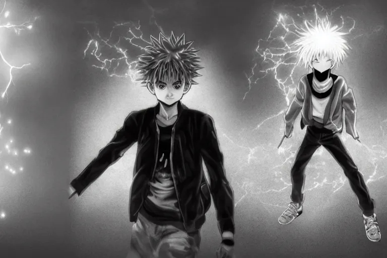 Image similar to killua lightning speed photography by david yarrow anime concept art jojo's bizarre adventure hirohito araki hyperrealistic live action raytracing