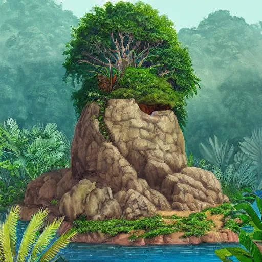 Image similar to painting of a small jungle island with a large rock formation in the shape of a gorilla head with a treehouse on the top, trending on artstation