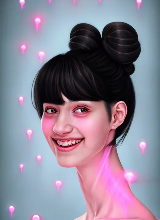 Image similar to portrait of high school girl, realistic, black hair, bangs, half updo hairstyle, pointy nose, skinny, smile, ugly, defined jawline, big chin, pink hair bow, earrings, intricate, elegant, glowing lights, highly detailed, digital painting, artstation, sharp focus, illustration, art by wlop, mars ravelo and greg rutkowski