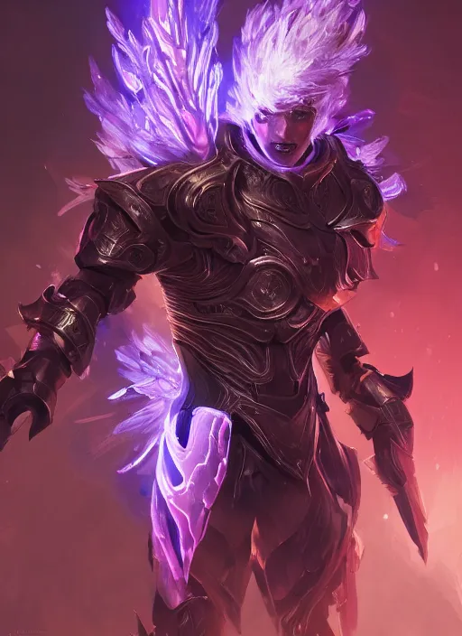 Prompt: a highly detailed illustration of futuristic cyber knight with flaming plume, rigid bulky armor, glowing purple line cracks in armor, dramatic standing pose, intricate, elegant, highly detailed, centered, digital painting, artstation, concept art, smooth, sharp focus, league of legends concept art, WLOP