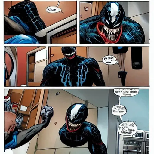 Prompt: venom from spiderman is in his kitchen, he can\'t find anything to eat and is hungry