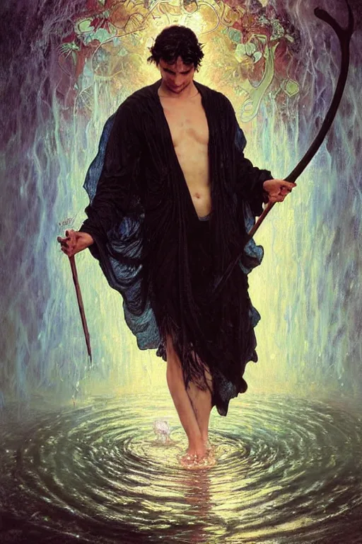 Image similar to portrait of a beautiful man wearing a black robe, holding a long staff, drenched body, wet dripping hair, emerging from the water, fantasy, regal, fractal crystal, fractal gems, by stanley artgerm lau, thomas kindkade, alphonse mucha, loish, norman rockwell ross tran