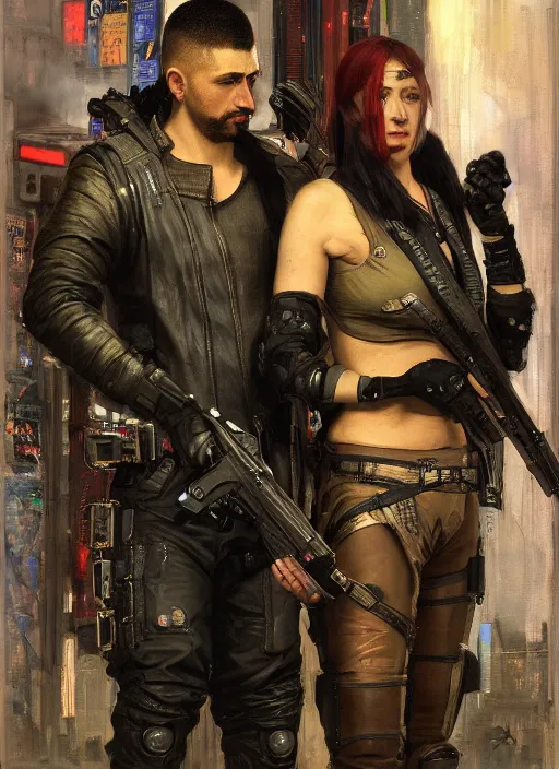 Prompt: javier and sonya. Cyberpunk mercenaries. cyberpunk merc and assassin wearing military vests and combat gear. (Cyberpunk 2077, bladerunner 2049). Iranian orientalist portrait by john william waterhouse and Edwin Longsden Long and Theodore Ralli and Nasreddine Dinet, oil on canvas. Cinematic, hyper realism, realistic proportions, dramatic lighting, high detail 4k