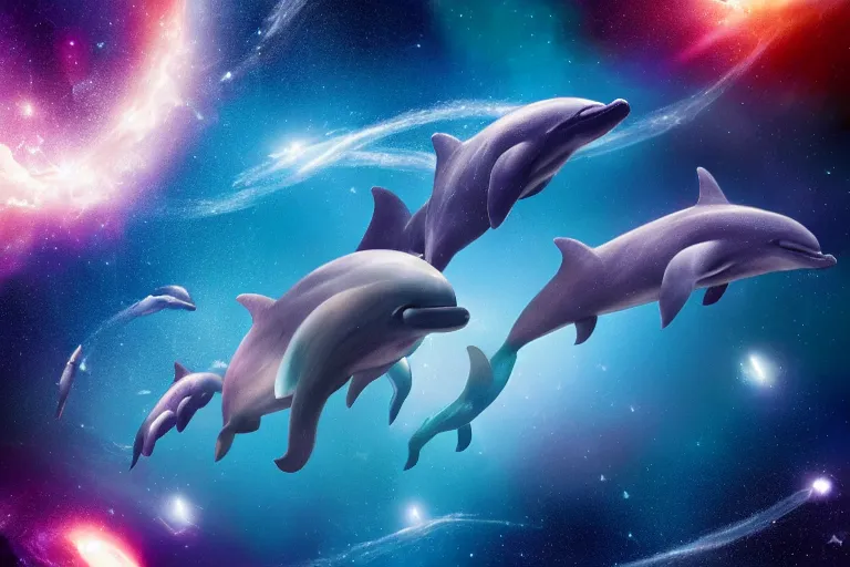 Image similar to a group of cosmic dolphins jumping out of a ocean in the cosmos in space, epic composition, 4 k