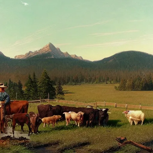 Image similar to an extremely detailed matte painting of a rancher feeding the animals at sunrise, tall rancher wearing a cowboy hat, dogs, cows, sheep, chickens, ducks, 4 k, ranch the morning after a light snowfall, by bob ross and norman rockwell