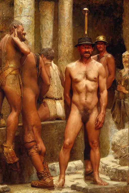 Prompt: indiana jones at a roman bathhouse, painting by, tom of finland, gaston bussiere, craig mullins, j. c. leyendecker