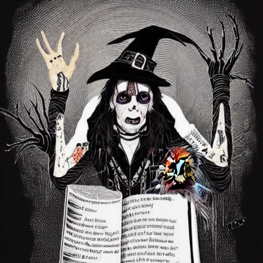 Image similar to graphic illustration, creative design, alice cooper as a witch, biopunk, francis bacon, highly detailed, hunter s thompson, concept art