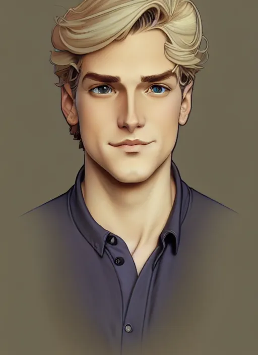 Image similar to art nouveau portrait of a young man with short, ash blond greyish hair, light brown eyes, natural lighting, path traced, highly detailed, high quality, cartoon, digital painting, by don bluth and ross tran and studio ghibli and alphonse mucha