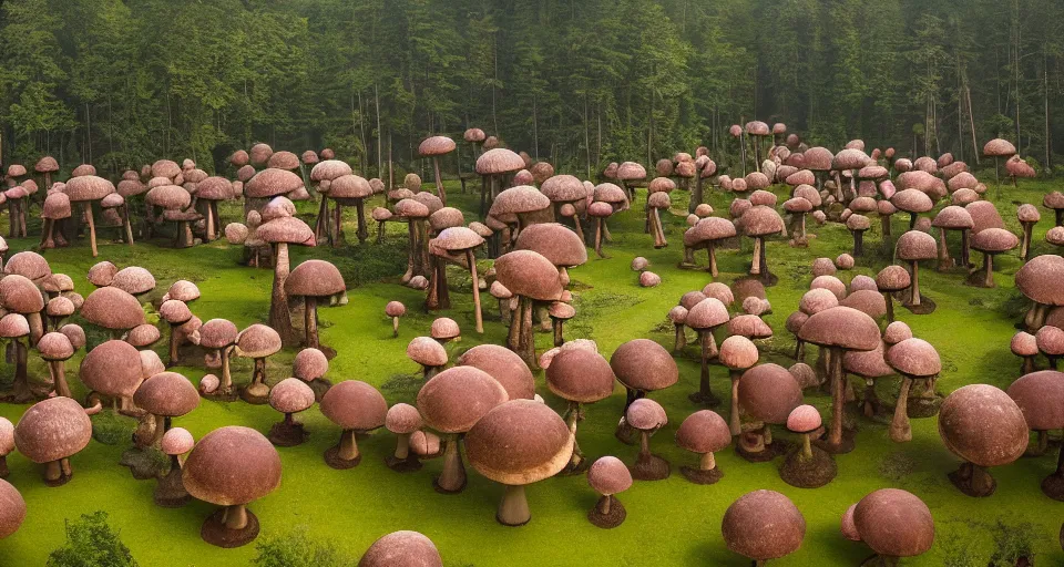 Image similar to A tribal village in a forest of giant mushrooms, by Wes Anderson,