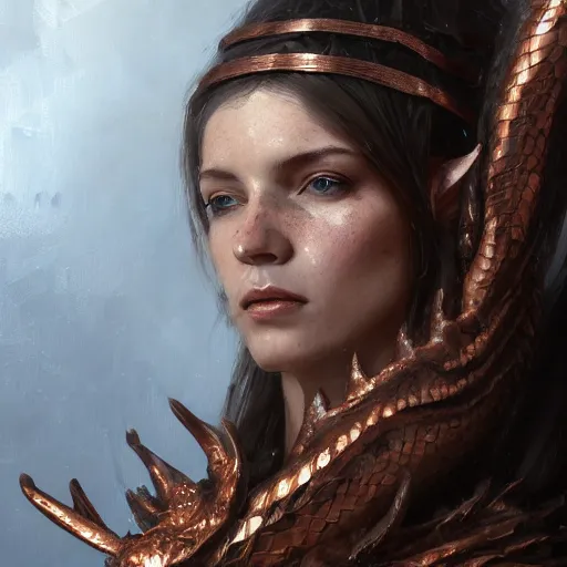Prompt: A head-on head and shoulders detailed oil portrait of an elf woman with small horns of copper and copper dragon scales covering her arm and neck wearing a simple white robe, by greg rutkowski, trending on artstation, dungeon and dragons art