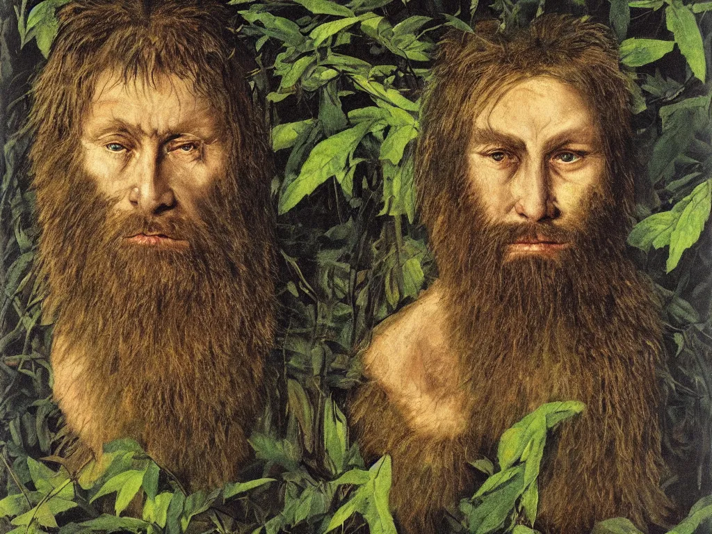 Image similar to Portrait of wild, primitive, cruel green-eyed, hairy, savage man in the dark forest. Painting by Hugo van der Goes