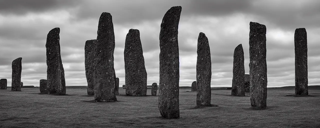 Prompt: figures stand amongst the neolithic standing stones of stenness, calm, serene, placid, light