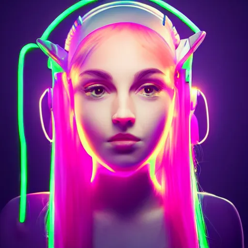 Prompt: portrait of a cute young woman with robot ears and eyes, 4k, sharp focus, neon colored fluorescent lighting, jordan grimmer