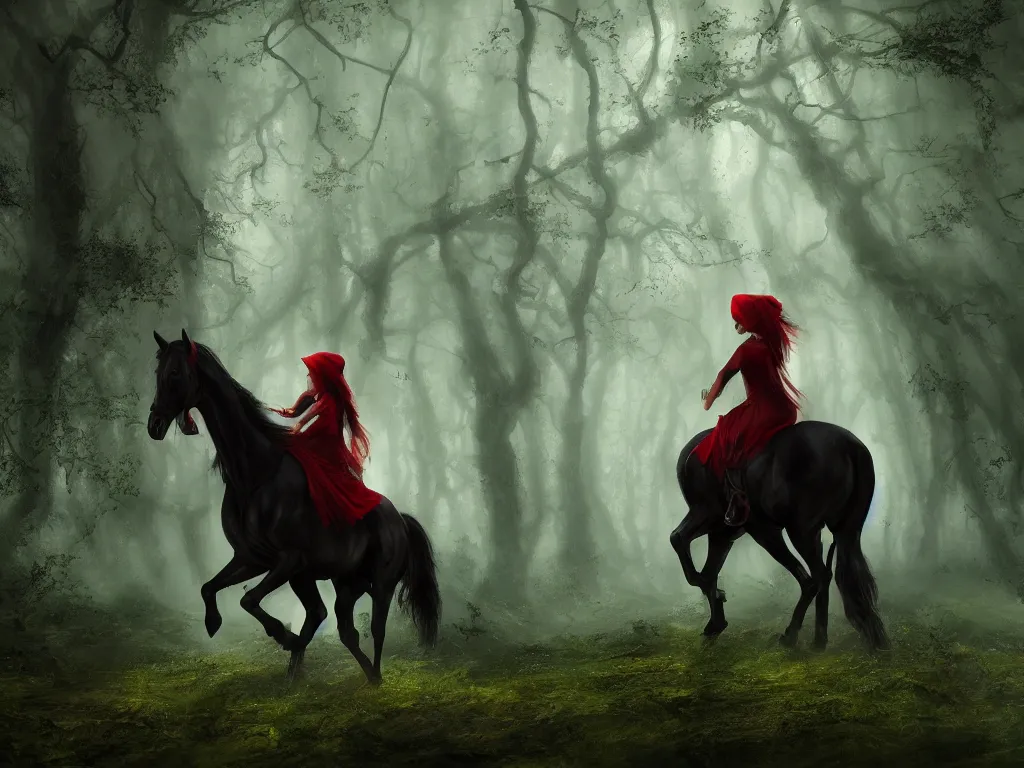 Image similar to a female beauty with red cap rides on a strong black horse slowly through a dense misty green oak and beech forrest, rays of life, cinematic, fantasy art, moody morning light, cryengine, trending on artstation, by john howe, by ridley scott, by peter jackson