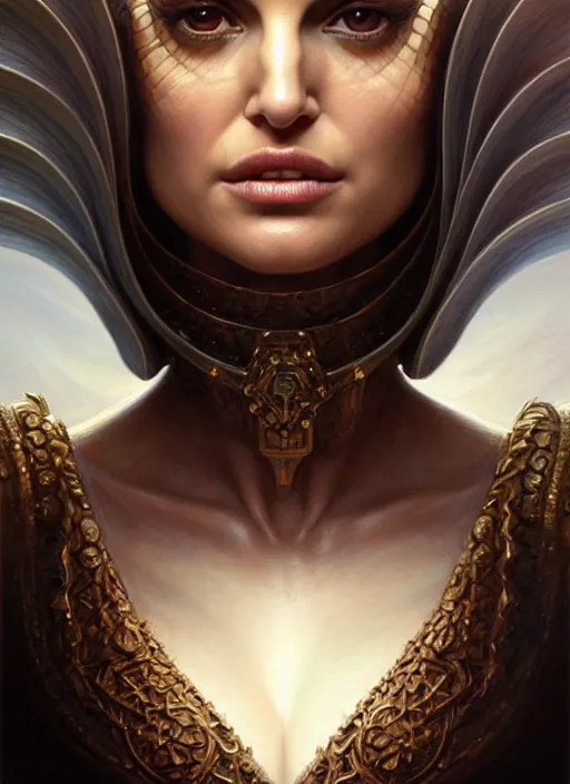 Image similar to portrait shot, natalie portman, sorceress, intricate, elegant, highly detailed, centered, digital painting, artstation, concept art, smooth, sharp focus, illustration, artgerm, tomasz alen kopera, peter mohrbacher, donato giancola, joseph christian leyendecker, wlop, boris vallejo