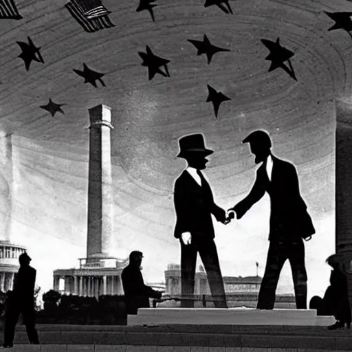 Prompt: aliens landing in Washington D.C, aliens shaking hands with Abraham Lincoln, 19th picture, historical picture, realistic