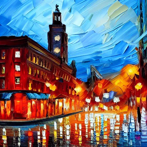 Prompt: palette knife oil painting of downtown portland at dusk