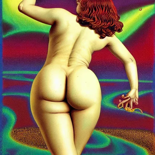 Prompt: big posterior of beautiful plump woman with a big rump by roger dean white cotton bikini psychedelic illusionary art psychedelic trippy gorgeous beautiful