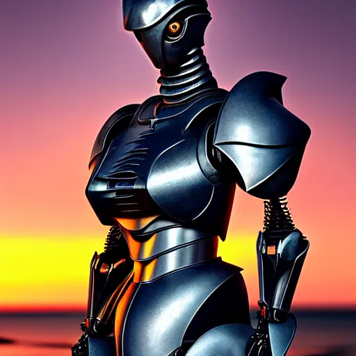 Image similar to chest up bust shot, realistic detailed stunning beautiful armored anthropomorphic humanoid robot female dragon, looking to the side with an elegant pose, smooth and streamlined armor and design made of steel, sharp claws and sharp teeth, high quality head, Slick LEDs, standing on two legs, on the beach during sunset, high quality, cinematic art, sci fi, sunset lighting, 3D render, 8k, artstation, deviantart, furaffinity
