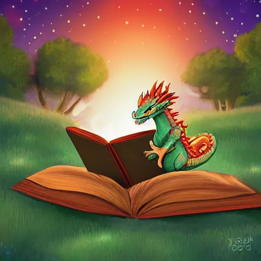 Image similar to cute dragon reading book under the stars, digital art