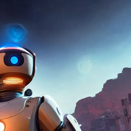 Prompt: friendly robot with a glowing blue heart in front of a clean white sci-fi dome in a pleasant urban setting, peaceful, majestic, a sense of hope, in style of apex legends, art station, ultra hd, soft light, overhead sun, ultra hd, art station