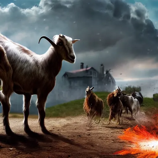 Image similar to goat monster attacks a small village, cinematic, midday, hd