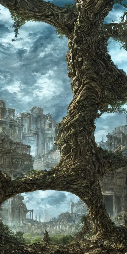 Image similar to sprawling roman city built at the base of a towering tree, wide shot, digital art, detailed, fantasy, elden ring