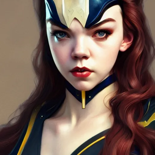 Prompt: beautiful Anya Taylor-Joy as Batgirl, western, closeup, D&D, fantasy, intricate, elegant, highly detailed, digital painting, artstation, concept art, matte, sharp focus, illustration, art by Artgerm and Greg Rutkowski and Alphonse Mucha