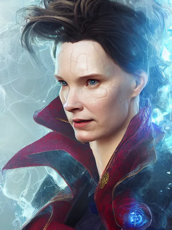 Image similar to female doctor strange, au naturel, hyper detailed, digital art, trending in artstation, cinematic lighting, studio quality, smooth render, unreal engine 5 rendered, octane rendered, art style by klimt and nixeu and ian sprigger and wlop and krenz cushart