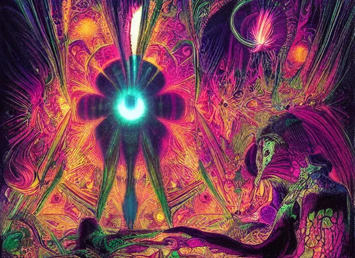 Image similar to the shaman of infinite fractal universes, by jack gaughan, dichromatism, paradox, volumetric light, insanely detailed and intricate, hypermaximalist, psychedelic colors, dramatic lighting, smooth, sharp focus, extremely detailed, aesthetically pleasing composition