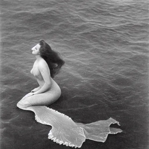 Image similar to early 1900s photograph of a mermaid in the sea