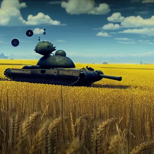 Prompt: a high resolution image from nier : automata, featuring 9 s android fighting a t 3 4 tank in yellow rye field under pure blue skies