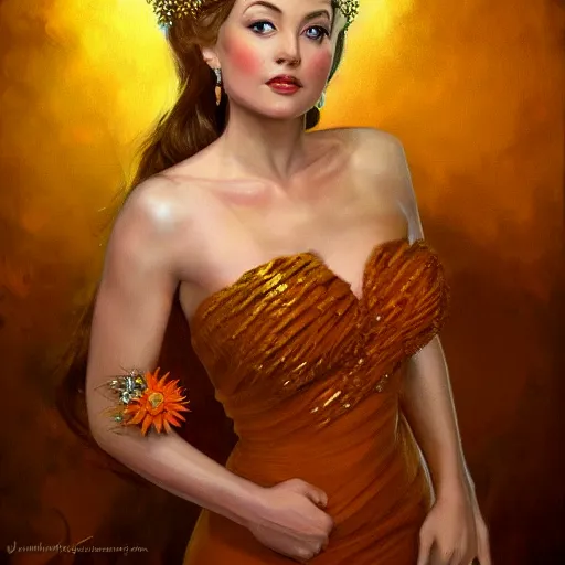 Image similar to An ultra realistic portrait painting of Princess Daisy wearing his orange dress and golden tiara in the style of Frank Frazetta, 4k, Ultrarealistic, Highly Detailed, Dark Fantasy, Epic Lighting