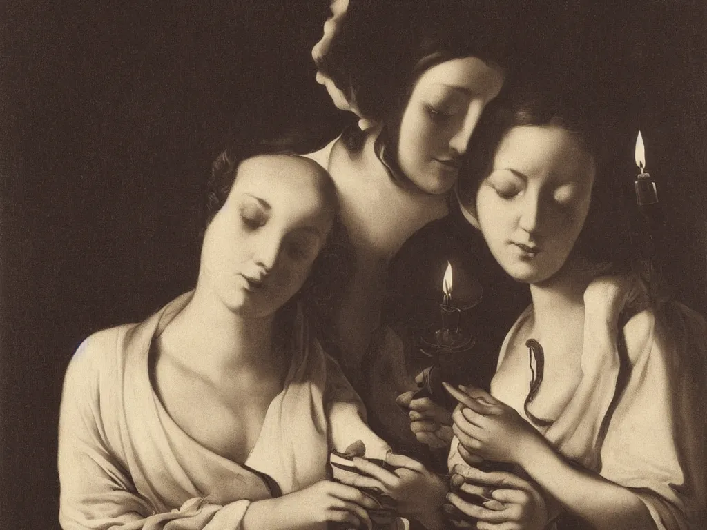 Image similar to Close up of a lily held at a woman's chest. Dressed in white blouse, candle light. Painting by Georges de la Tour, Karl Blossfeldt