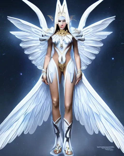 Prompt: perfect white haired egyptian goddess wearing white dove wings, warframe armor, regal, attractive, ornate, sultry, beautiful, dreamy, half asian, pretty face, blue eyes, detailed, scifi platform, 4 k, ultra realistic, epic lighting, android body, illuminated, cinematic, masterpiece, art by akihito tsukushi, voidstar, artgerm