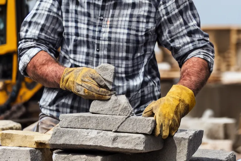 Image similar to a man made of stone, wearing a plaid shirt, working construction