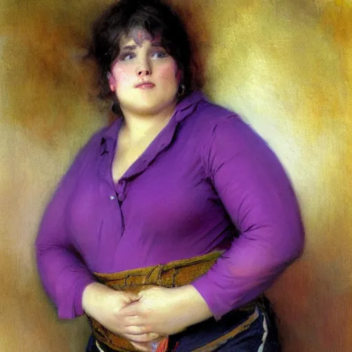 Image similar to a woman in a purple shirt with an obese body type, painting by Gaston Bussiere, Craig Mullins