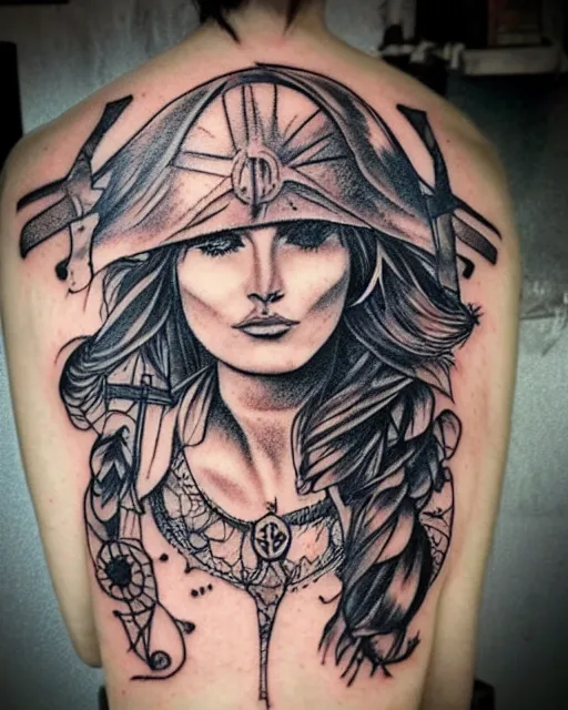 Prompt: A beautiful woman warrior faded on a background of a beautiful pirate ship, realism tattoo drawing, hyper realistic, shaded