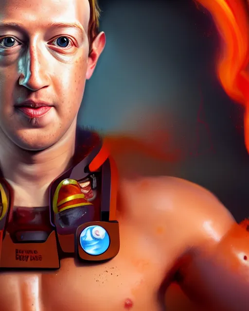 Image similar to mark zuckerberg as a sweet baby rays bbq sauce cyborg, full body portrait, oil on canvas, octane render, trending on artstation