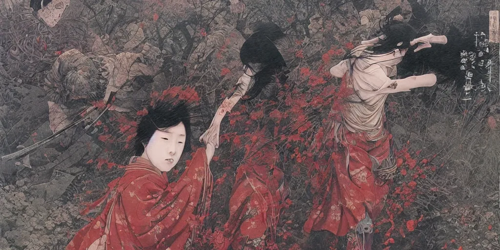 Image similar to Japanese schoolgirl runs away from Samurai with a katana on the subway, high detailed Beksinski painting, part by Adrian Ghenie and Gerhard Richter. art by Takato Yamamoto. masterpiece